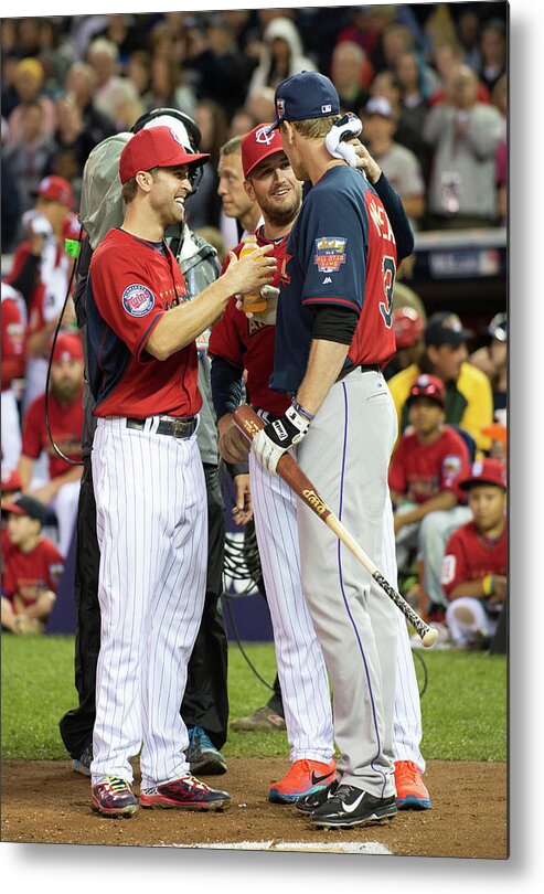 American League Baseball Metal Print featuring the photograph Justin Morneau, Glen Perkins, and Brian Dozier by Ron Vesely