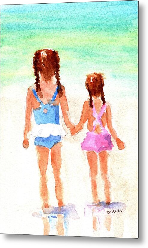 Sisters Metal Print featuring the painting Little Girls at the Beach by Carlin Blahnik CarlinArtWatercolor