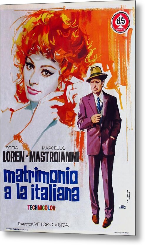 Synopsis Metal Print featuring the mixed media ''Marriage Italian Style'', 1964 - art by Jano by Movie World Posters
