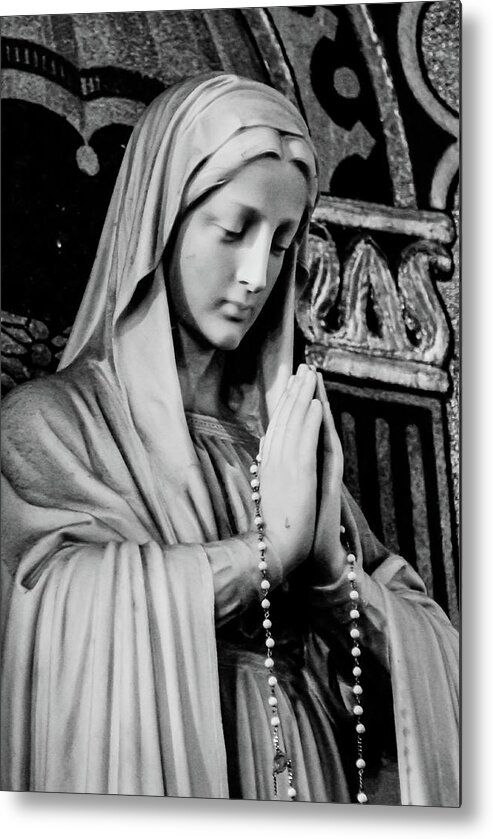 Mary Statue Church Rosary B&w Metal Print featuring the photograph Mary by John Linnemeyer