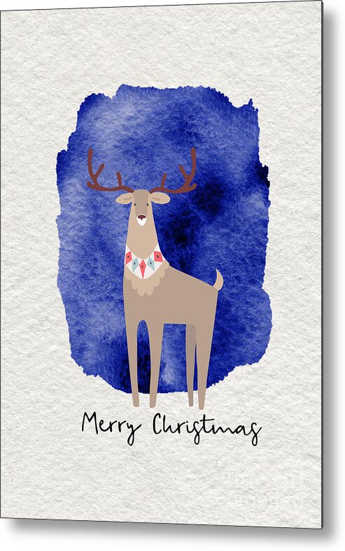 Merry Christmas Metal Print featuring the painting Merry Christmas Blue Watercolor Deer by Modern Art