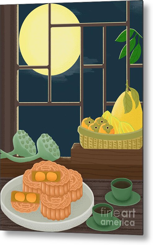 Moon Cakes Metal Print featuring the drawing Mid-Autumn Festival Moon Cake Illustration by Min Fen Zhu