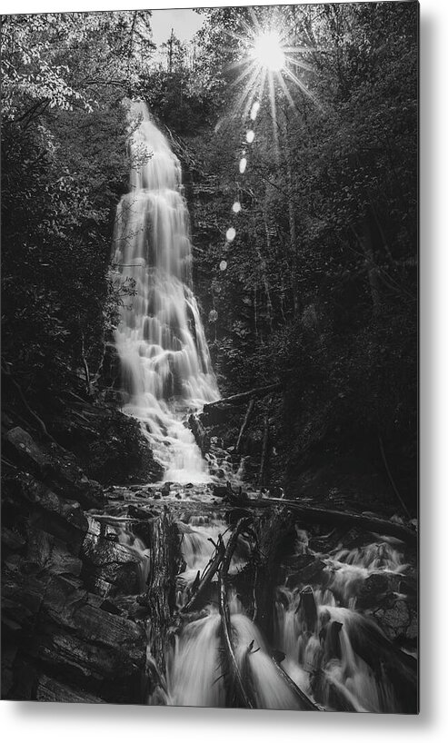 Mingo Falls Black And White Metal Print featuring the photograph Mingo Falls Sunburst Black And White by Dan Sproul