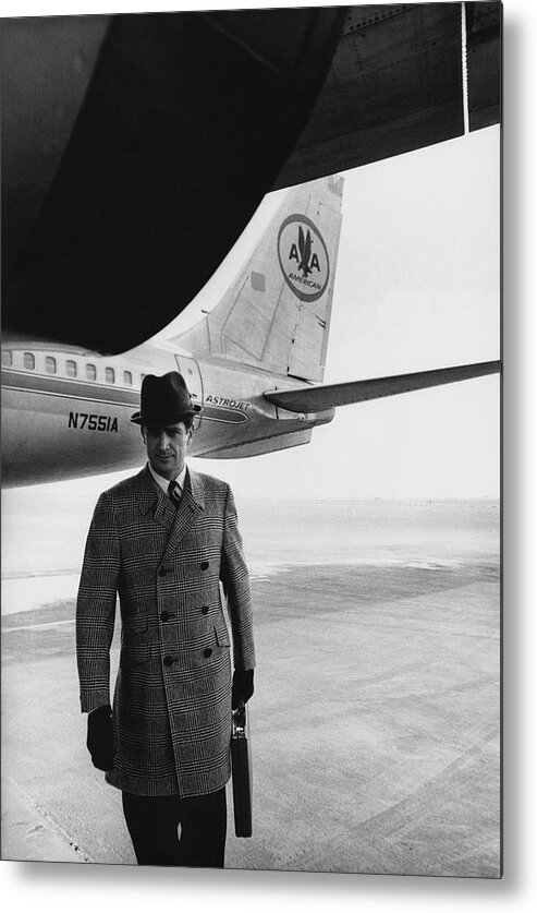 Fashion Metal Print featuring the photograph Model on Tarmac With Airplane by Zachary Freyman