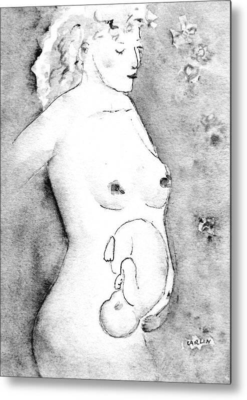 Pregnant Metal Print featuring the painting Mother and Fetus Black and White by Carlin Blahnik CarlinArtWatercolor