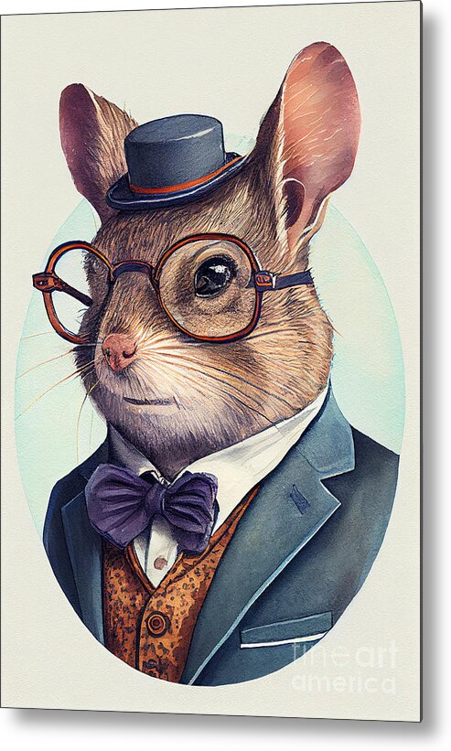 Mouse Metal Print featuring the painting Mouse in Suit Watercolor Hipster Animal Retro Costume by Jeff Creation