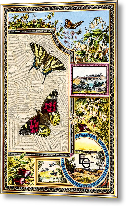 Musical Score Metal Print featuring the mixed media Musical score in a frame of flowers, lilies, bells with butterflies, insects, grasshopper by Elena Gantchikova