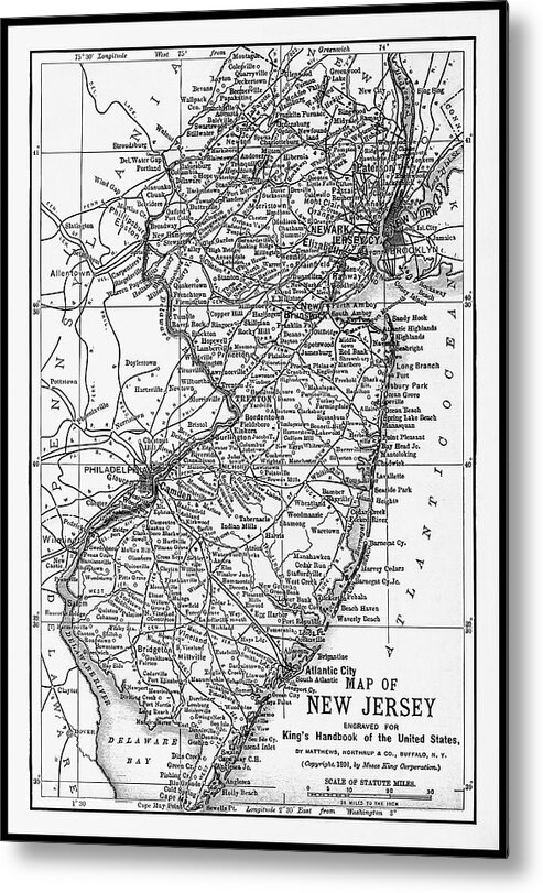 New Jersey Metal Print featuring the photograph New Jersey Historical Vintage Map 1891 Black and White by Carol Japp
