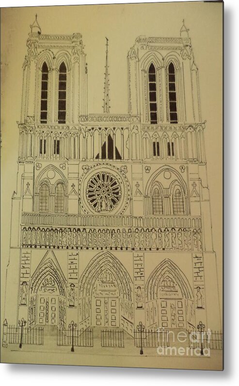 Donnsart1 Metal Print featuring the drawing Notre Dame Ink Drawing by Donald Northup