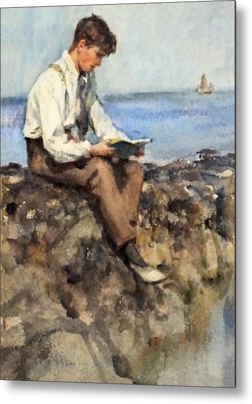 Henry Scott Tuke Metal Print featuring the painting Portrait of a Young Man Reading on the Rocks by Henry Scott Tuke