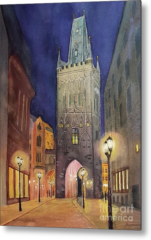 Prague Metal Print featuring the painting Powder Tower-Prague by Petra Burgmann