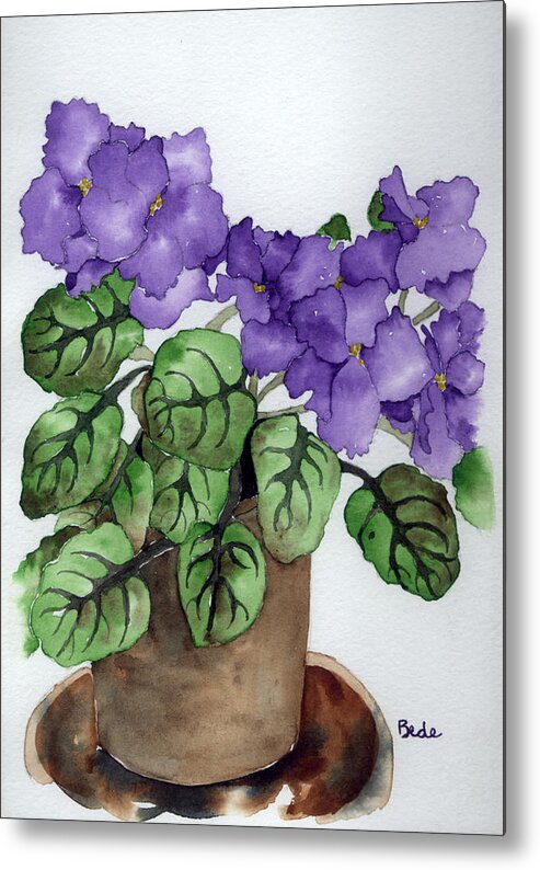 Purple Africanviolet Green Plant Flower Watercolor Metal Print featuring the painting Purple Days by Catherine Bede