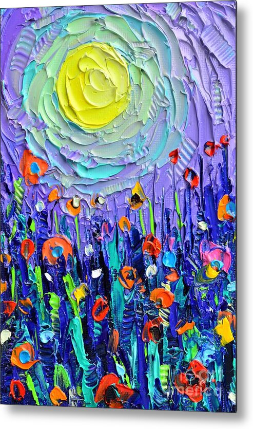 Wildflowers Metal Print featuring the painting PURPLE NIGHT MEADOW BY MOON abstract wildflowers palette knife oil painting Ana Maria Edulescu by Ana Maria Edulescu