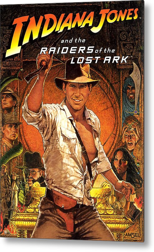 Synopsis Metal Print featuring the mixed media ''Raiders of the Lost Ark'', 1981 - art by Richard Amsel by Movie World Posters