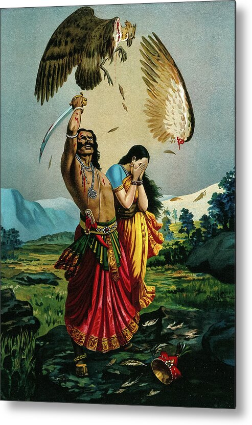 Raja Ravi Varma Metal Print featuring the painting Ravana slaughtering Jatayu the vulture, while an abducted Sita looks away in Horror by Ravi Varma