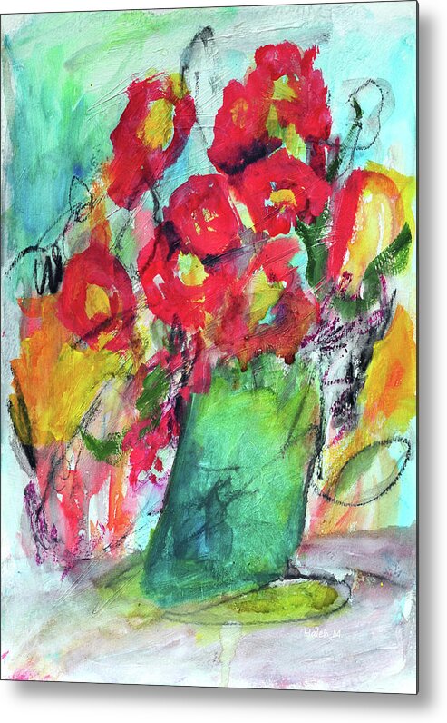Cosmos; Loose Floral; Floral Abstract; Fall Bouquet; Autumn Bouquet; Red And Yellow Bouquet; Flower Painting; Green And Aqua Vase; Playful Bouquet; Welcome; New Home; From The Garden; Love; Friendship;unique Floral; Metal Print featuring the painting Red Cosmos In Autumn Sun by Haleh Mahbod
