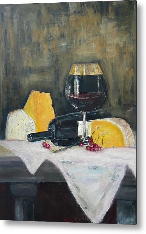 Red Wine Metal Print featuring the painting Red Wine and Cheese by Denice Palanuk Wilson
