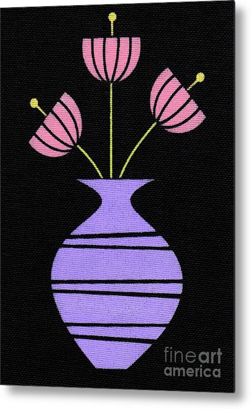 Retro Flowers Metal Print featuring the painting Retro Pink Flowers in Purple Vase by Donna Mibus