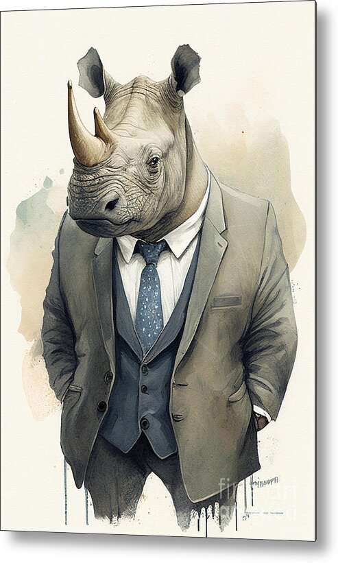 Rhino Metal Print featuring the painting rhino in Suit Watercolor Hipster Animal Retro Costume by Jeff Creation
