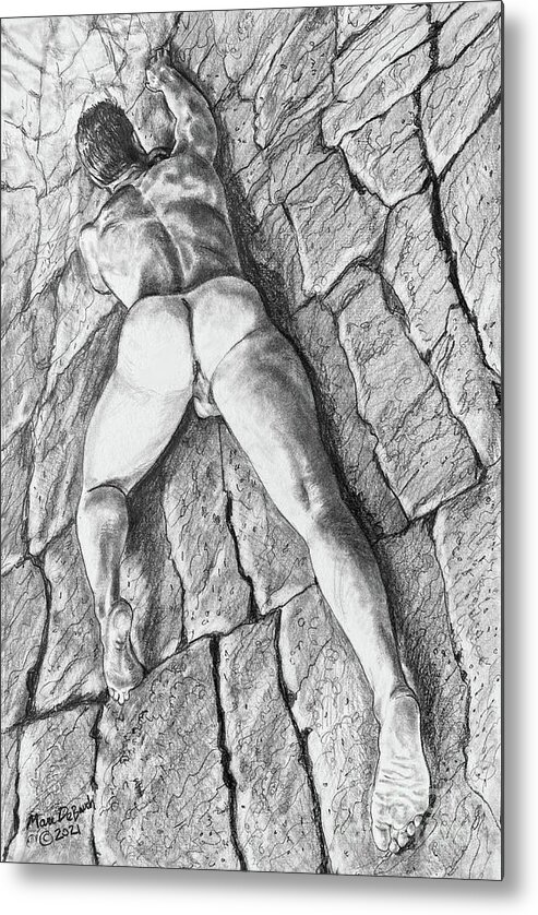 Male Nude Metal Print featuring the drawing Rock Climbing Randy by Marc DeBauch