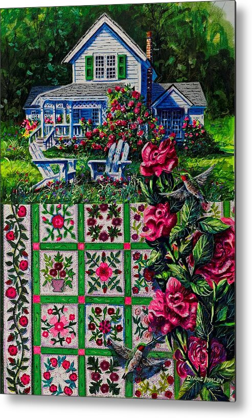 A Patchwork Quilt Of Traditional Rose Patterns In A Rose Garden With Hummingbirds Metal Print featuring the painting Rose Garden by Diane Phalen