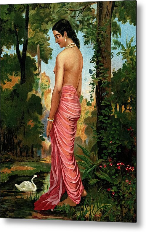 Raja Ravi Varma Metal Print featuring the painting Semi-clothed Woman by a River Bank called Varini by Ravi Varma