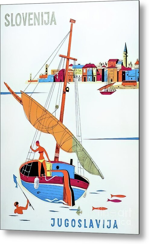 Boat Metal Print featuring the drawing Slovenia Travel Poster 1955 by M G Whittingham