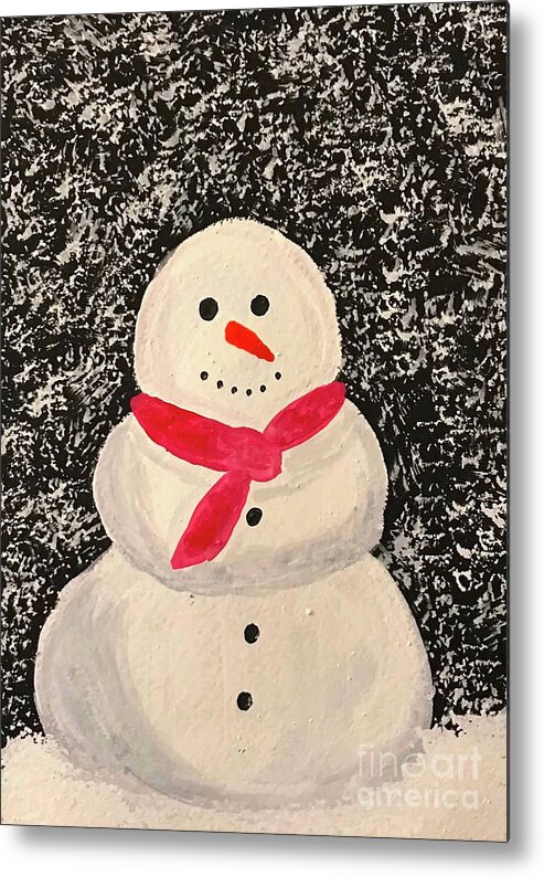 Snowman Metal Print featuring the mixed media Snowman with Red Scarf by Lisa Neuman