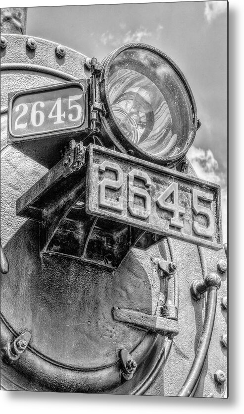 Railroad Metal Print featuring the photograph Soo Line Locomotive 2645 Headlight Vertical BW by Dale Kauzlaric