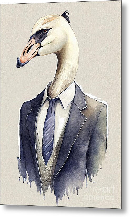 Swan Metal Print featuring the painting Swan in Suit Watercolor Hipster Animal Retro Costume by Jeff Creation
