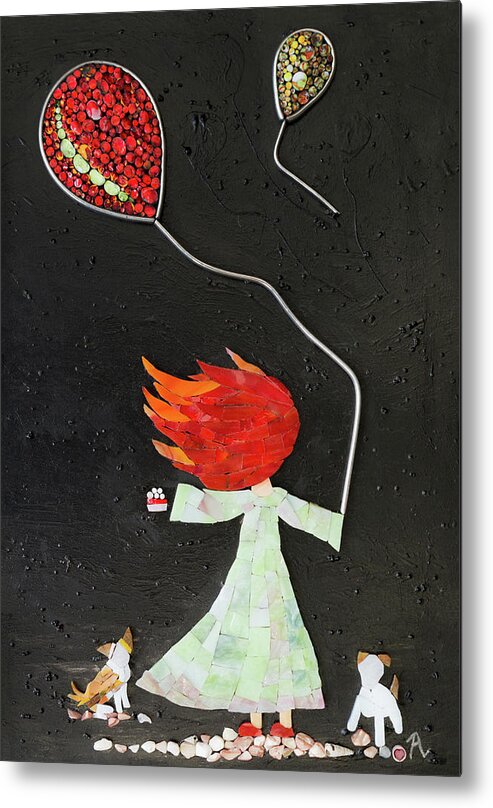 Girl Metal Print featuring the glass art The girl with two balloons and two small dogs by Adriana Zoon