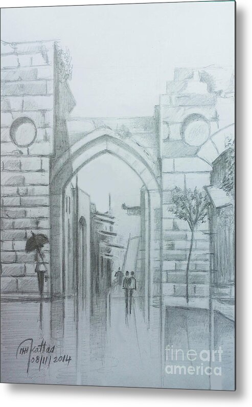 The Maqam Gate Metal Print featuring the drawing The Maqam Gate- Aleppo by Mohammad Hayssam Kattaa