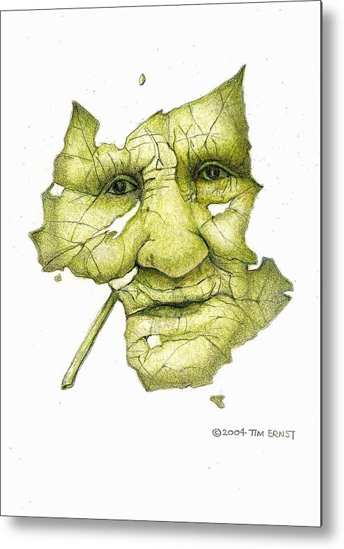 Colored Pencil Metal Print featuring the drawing The old old leaf face by Tim Ernst
