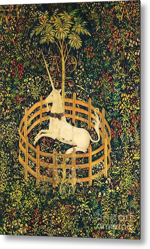 The Unicorn Rests In A Garden Metal Print featuring the painting The Unicorn Rests in a Garden by The Unicorn Tapestries