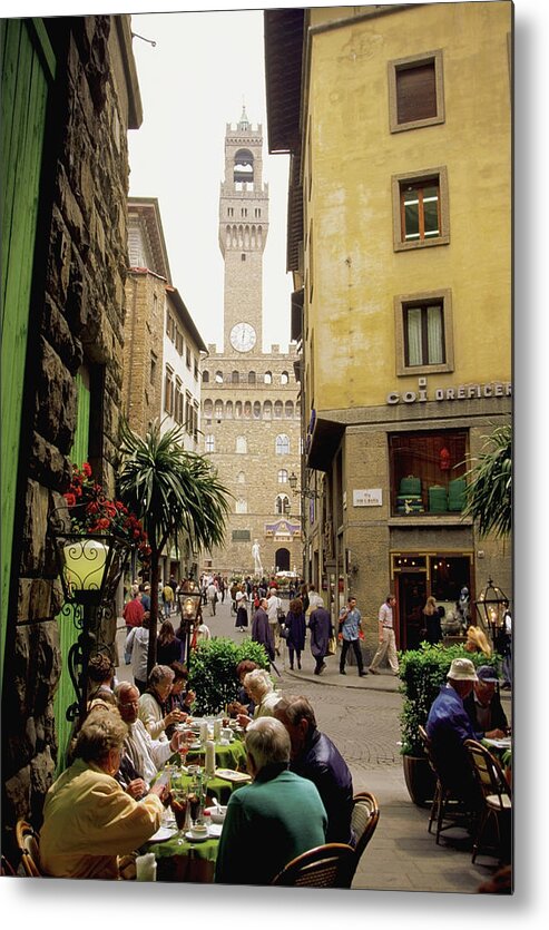 People Metal Print featuring the photograph Tourists eating at sidewalk cafe, Palazzo Vecchio, Florence, Italy by Medioimages/Photodisc