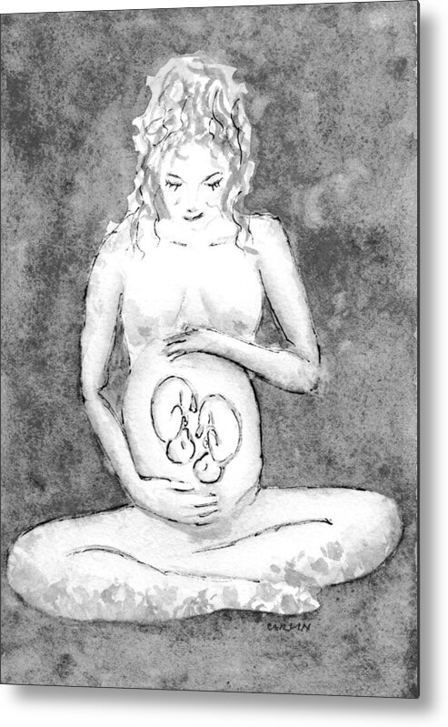 Pregnancy Metal Print featuring the painting Twin Pregnancy Black and White by Carlin Blahnik CarlinArtWatercolor