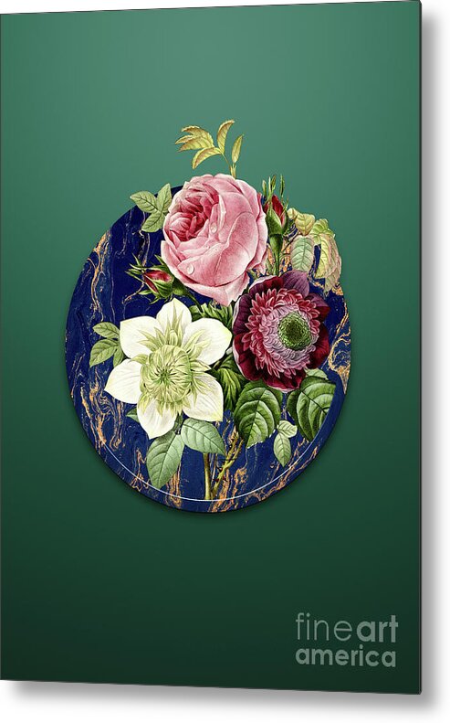 Vintage Metal Print featuring the painting Vintage Anemone Rose Art in Gilded Marble on Dark Spring Green by Holy Rock Design