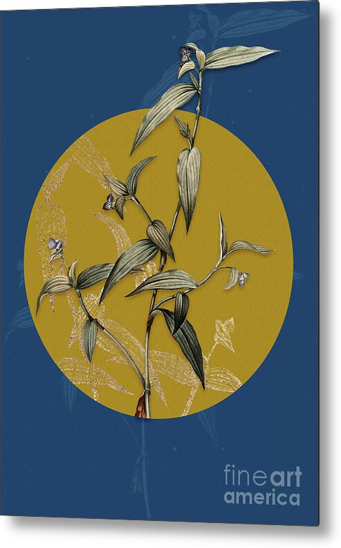 Vintage Metal Print featuring the painting Vintage Botanical Tagblume on Circle Yellow on Blue by Holy Rock Design