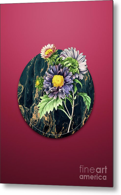 Vintage Metal Print featuring the painting Vintage China Aster Art in Gilded Marble on Viva Magenta by Holy Rock Design
