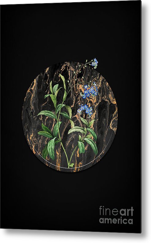 Vintage Metal Print featuring the painting Vintage Forget Me Not Art in Gilded Marble on Shadowy Black by Holy Rock Design