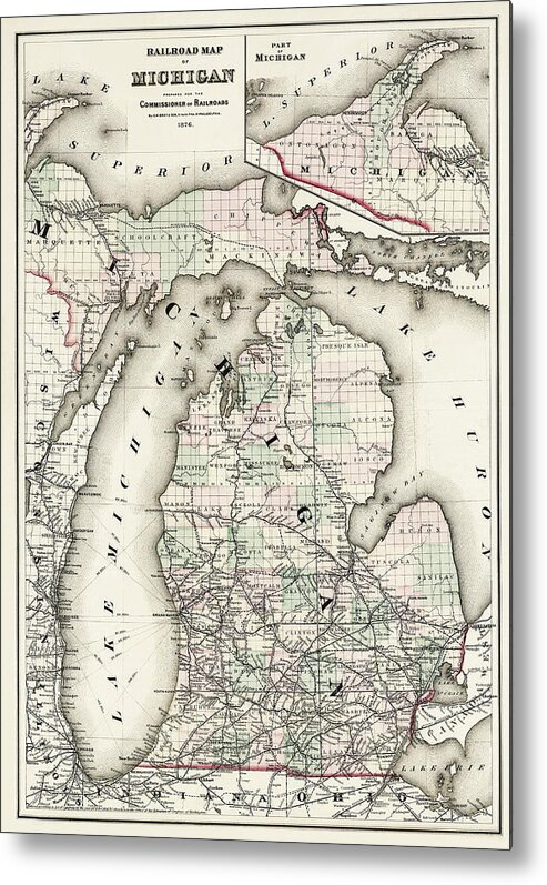 Michigan Metal Print featuring the photograph Vintage Railroad Map of Michigan 1876 by Carol Japp