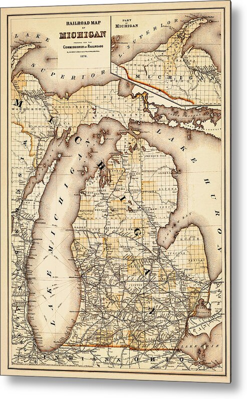 Michigan Metal Print featuring the photograph Vintage Railroad Map of Michigan 1876 Sepia by Carol Japp