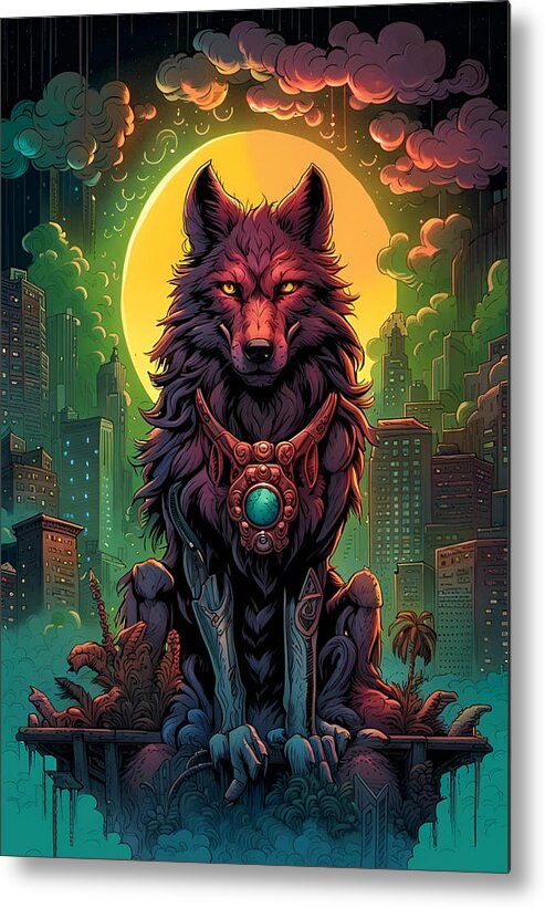 Voodoo Metal Print featuring the digital art Voodoo Wolf Under The Full Moon Of The City by Jason Denis