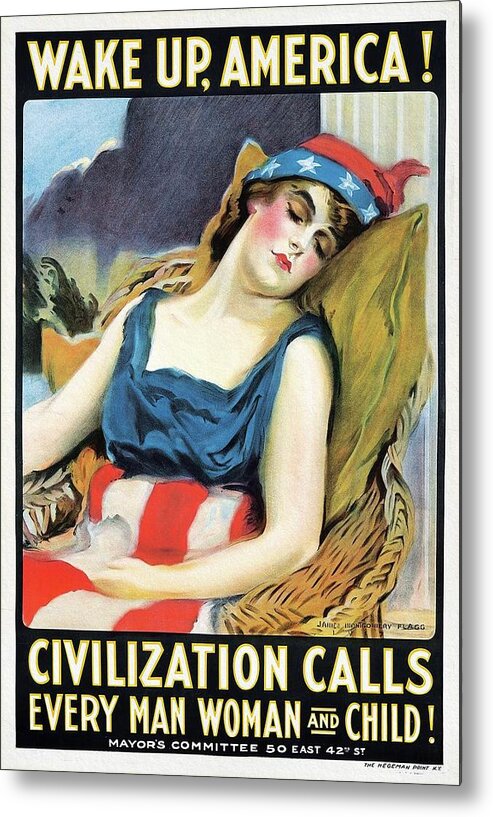 American Poster Metal Print featuring the painting Wake Up America 1917 poster by Vincent Monozlay