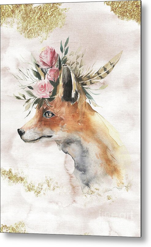 Watercolor Fox Metal Print featuring the painting Watercolor Fox With Flowers And Gold by Garden Of Delights