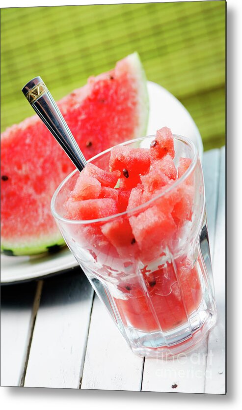 Watermelon Metal Print featuring the photograph Watermelon slice and melon sweet dessert smoothie on white table by Jelena Jovanovic