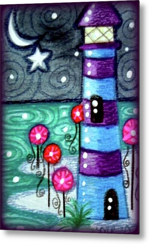 Whimsical Metal Print featuring the painting Whimsical Purple Blue Lighthouse by Monica Resinger