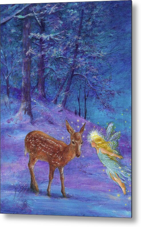 Magical Winter Woodland Metal Print featuring the painting Winter Fairy with Fawn by Judith Cheng