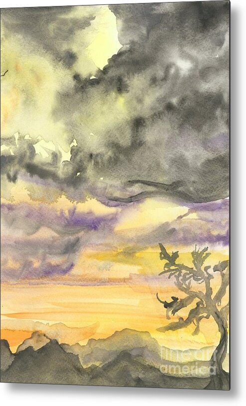 Yellow Watercolor Desert Sunset Painting Metal Print featuring the painting Yellow Mountain Sunset in Watercolor by Expressions By Stephanie