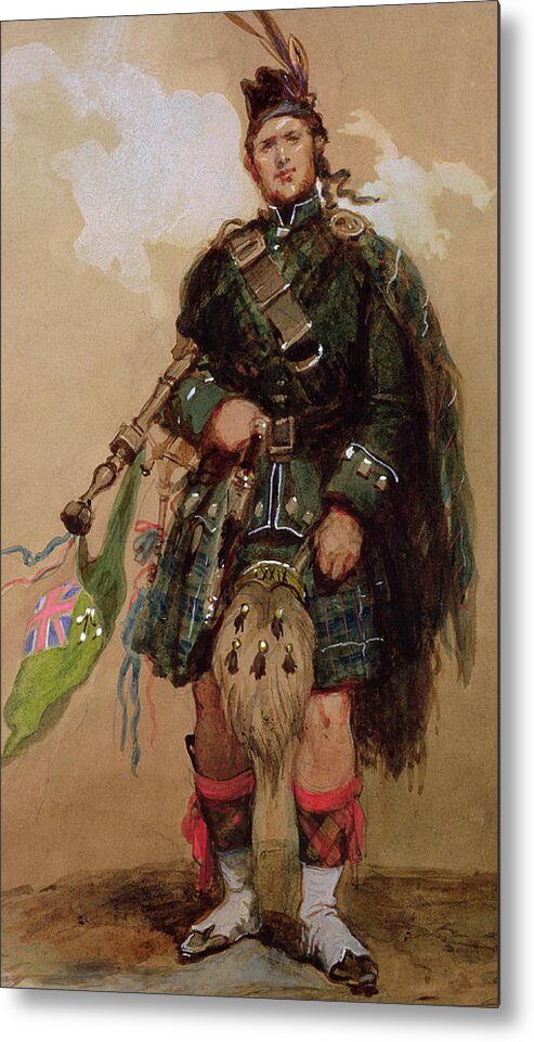 Male Metal Print featuring the painting A Piper of the 79th Highlanders at Chobham Camp by Eugene-Louis Lami